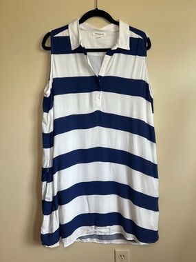 Beachlunchlounge Blue White Striped Sleeveless Shift Dress with pockets  Large